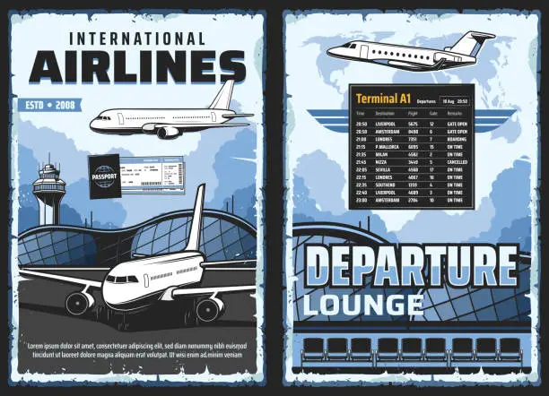 Vector illustration of Airline airplanes and airport. Aircraft and travel