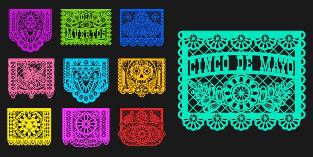 Mexican Day of Dead papel picado paper cut flags Mexican Day of Dead, papel picado isolated paper cutting flags templates. Vector traditional Mexico Dia de los muertos laser cutting decoration with floral pattern, mariachi skulls, sun and birds mexican day of the dead stock illustrations
