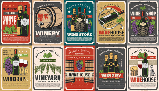 Wine and champagne winery drinks vector design with alcohol beverage bottles, barrels and glasses, grapes, vineyard grape vines and corkscrew, cheese and bread snack food. Wine shop retro posters