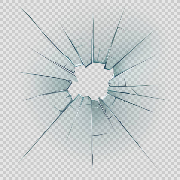 Broken and cracked glass with realistic shatters Broken, cracked or crashed glass vector design with realistic hole, shatters and cracks, sharp edges and fragments on transparent background. Damaged glass of window or door pane and windscreen fragile-glass stock illustrations