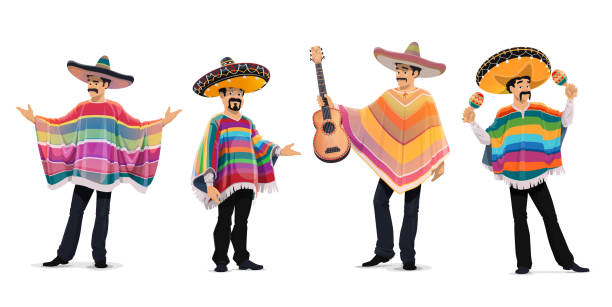 Mexican musicians at cinco de mayo festival. Mexican musicians at cinco de mayo festival. Mariachi music band isolated cartoon vector characters playing guitar and maracas. Mexican men in sombrero hat and poncho, cinco de mayo carnival musicians mexico people stock illustrations