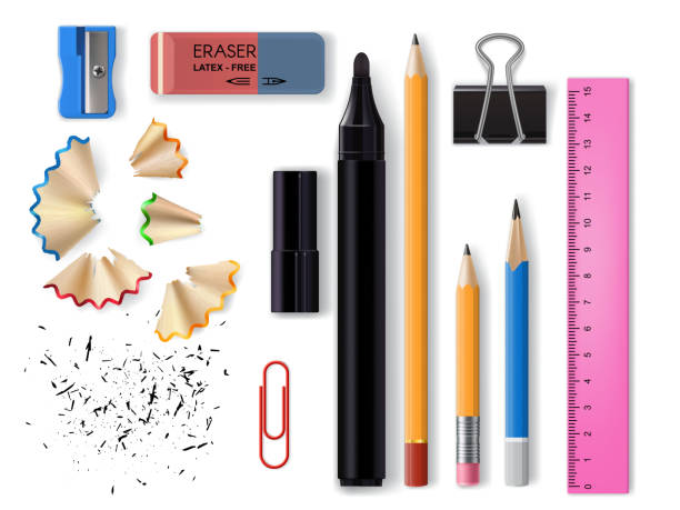School and office realistic stationery or supplies Stationery realistic design of school and office supplies vector design. 3d pencils, eraser, marker pen and sharpener, plastic ruler, paper and binder clips with pencil shavings and graphite eraser stock illustrations