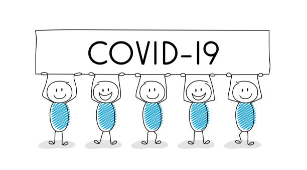 istock Cartoon people holding banner with “COVID-19” text. Preventing coronavirus epidemic. Vector 1221336697