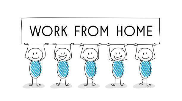 istock Cartoon people holding banner with “work from home” text. Business during coronavirus pandemic. Vector 1221337777