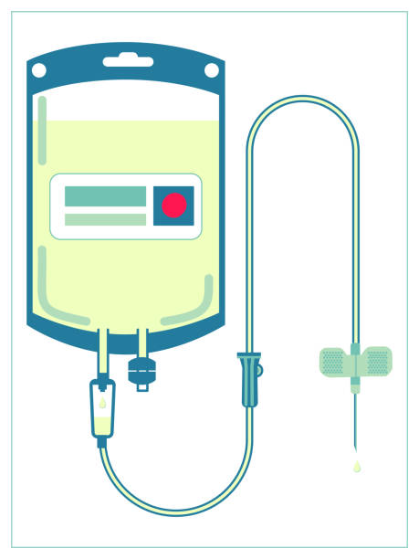 vektor flache illustration mit medizinischem tressen und injektionsnadel. isolierte bestandsabbildung auf weiß - kochsalzlösung infusion stock-grafiken, -clipart, -cartoons und -symbole