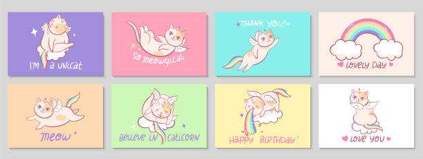 Set of eight cards with cats unicorns and a rainbow, funny inscriptions on cards. Happy birthday, so meowgical, i'm a unicat, thank you, lovely day, meow, love you, believe in caticorn, inscriptions Set of eight cards with cats unicorns and a rainbow, funny inscriptions on cards. Happy birthday, so meowgical, i'm a unicat, thank you, lovely day, meow, love you, believe in caticorn, inscriptions puke green color stock illustrations