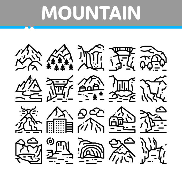 ikony kolekcji górskiego krajobrazu zestaw wektor - mountain cliff mountain peak plateau stock illustrations