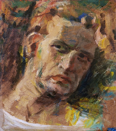 Expressive portrait oil painting sketch on textured canvas