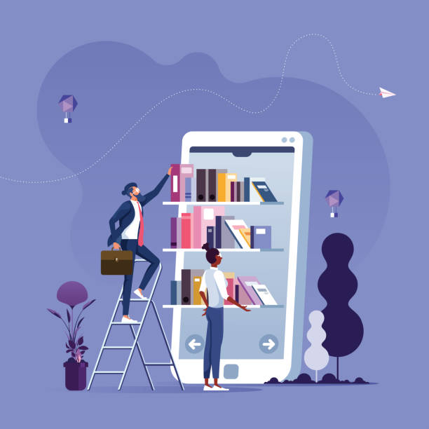 Online reading-Businessman taking books from bookshelf on smartphone screen. Mobile library concept Online reading-Businessman taking books from bookshelf on smartphone screen. Mobile library concept e reader stock illustrations