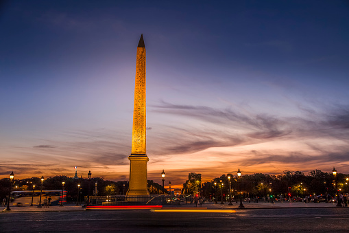 The ancient, 3000 years old Egiptian obelisk in Place de la Concorde in Paris, France