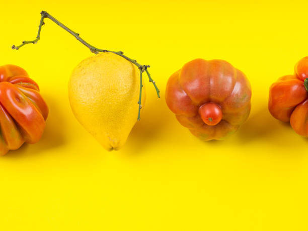 istock Ugly fruit and vegetables on yellow background 1221341910
