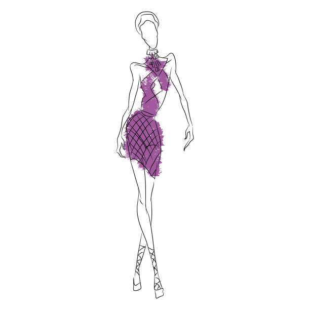 Vector fashion sketch. Beautiful model walking on runway in short purple dress with revealing decollete and transparent chiffon insets. Skinny body silhouette, high heels. Haute couture fashion show Vector fashion sketch. Beautiful model walking on runway in short purple dress with revealing decollete and transparent chiffon insets. Skinny body silhouette, high heels. Haute couture fashion show haute couture stock illustrations