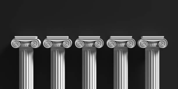 Marble pillars columns classic greek against black background. 3d illustration Pillars pedestals, ancient greek stone marble, four ionic style column part against black color background, Presentation ad template. 3d illustration five columns stock pictures, royalty-free photos & images