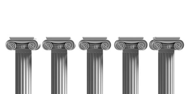 Marble pillars columns classic greek isolated against white background. 3d illustration Pillars pedestals, ancient greek stone marble, four ionic style column part isolated against white color background, Presentation ad template. 3d illustration five columns stock pictures, royalty-free photos & images