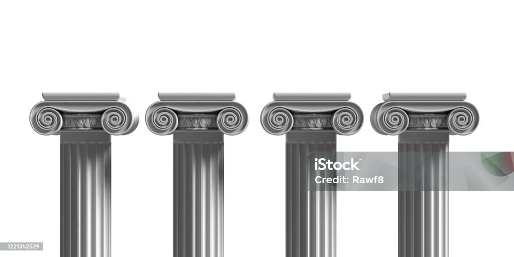 Marble pillars columns classic greek isolated against white background. 3d illustration Pillars pedestals, ancient greek stone marble, four ionic style column part isolated against white color background, Presentation ad template. 3d illustration Architectural Column Stock Photo