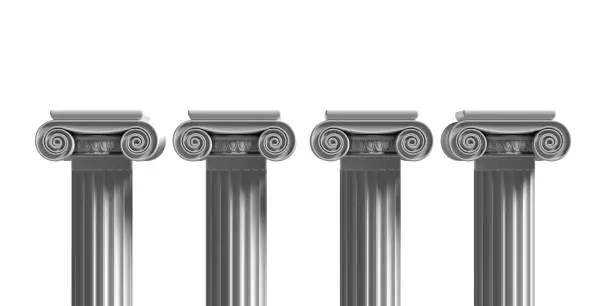 Pillars pedestals, ancient greek stone marble, four ionic style column part isolated against white color background, Presentation ad template. 3d illustration