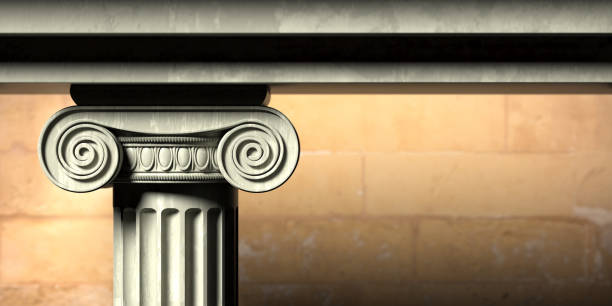 istock Ancient greek temple, ionic style marble pillar detail, blur stone wall background. 3d illustration. 1221342533