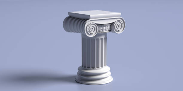 Marble pillar column classic greek against blue background. 3d illustration Pillar column ancient greek white color stone marble, ionic style pedestal, against blue background, copy space. Law, architecture theme template. 3d illustration roman stock pictures, royalty-free photos & images