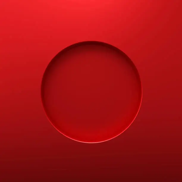 Red round frame or circle hole on steel hole background with borders concept. Red steel and geometric shape. 3D rendering.