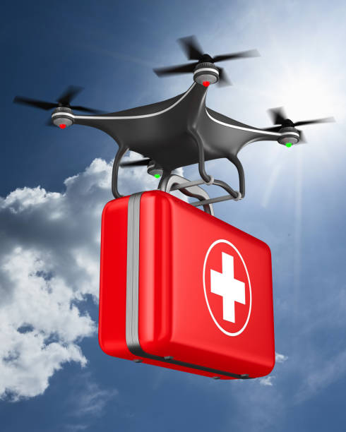 istock quadrocopter with first aid kit on clouds sky. 3d illustration 1221343459