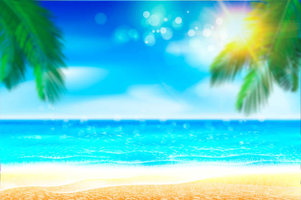 istock Summer beach Poster with sunshine, blue sea and cloudy sky. Vector 1221343522
