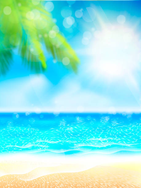 istock Summer beach Poster with sunshine, blue sea and cloudy sky. Vector 1221343524