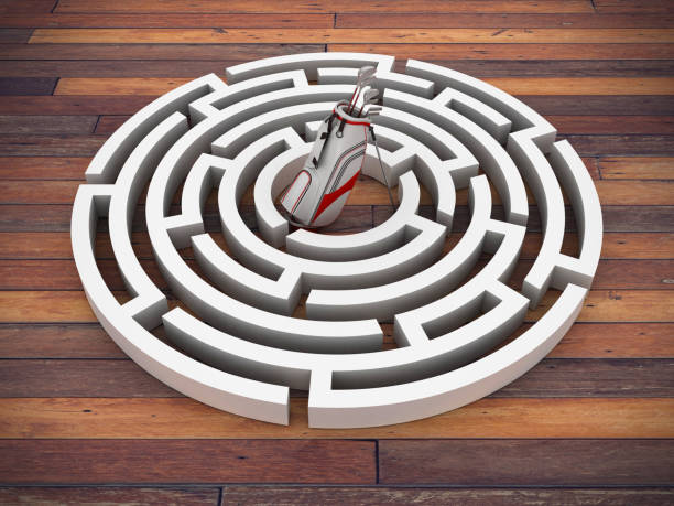 istock Circular Maze with Golf Bag on Wood Floor - 3D Rendering 1221343559