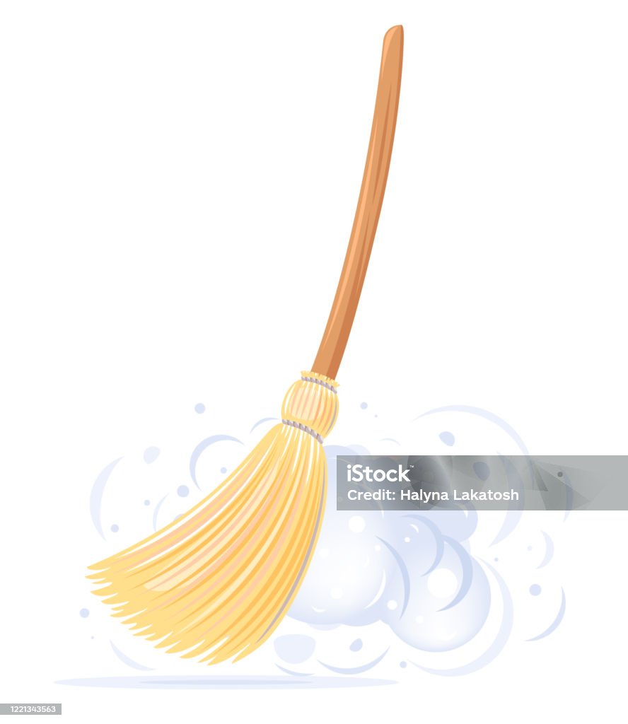 Big yellow broom sweep dust One big yellow broom sweep floor with long wooden handle and clouds of dust isolated, household implement from dust and dirt Sweeping stock vector