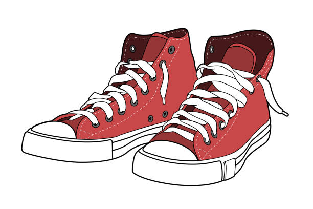 ilustraciones, imágenes clip art, dibujos animados e iconos de stock de ilustración vectorial de zapatillas rojas. zapatos de gimnasio realistas ilustraciones vectoriales de color para su diseño de negocio - par