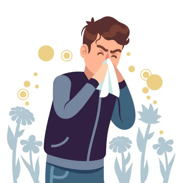 Vector illustration of Sneezing man. Spring allergy, symptom sickness runny, itchy and sneeze, cough and lacrimation, healthcare problems flat vector concept
