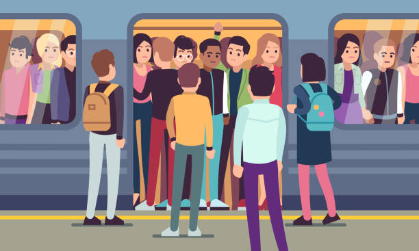 People go into subway train. Public urban transportation, metro platform, passengers trying to enter underground wagon vector concept People go into subway train. Public urban transportation, metro platform, passengers trying to enter underground wagon vector overcrowded transport concept muster station stock illustrations