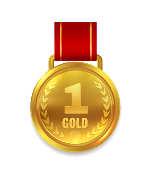 Winner gold medal. Prize with red ribbon for certificate or first place trophy isolated vector illustration Winner gold medal. Best prize with red ribbon for certificate or first place challenge trophy isolated vector illustration everyday item stock illustrations