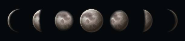 istock Moon phases. Earth satellite surface crescent on black starry sky. Lunar circle planet in night space. Astrology cosmic vector set 1221345835