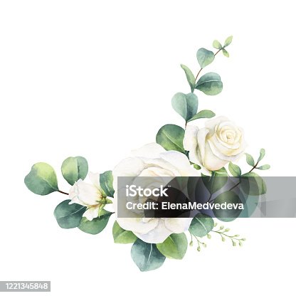 istock Watercolor vector hand painted bouquet with green eucalyptus leaves and white roses. Illustration for cards, wedding invitation, posters, save the date or greeting design isolated on white background. 1221345848