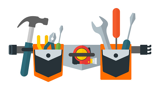 Belt with tools. Tools for repair, construction and builder. Concept image of work wear. Cartoon flat vector illustration. Objects isolated on a background.