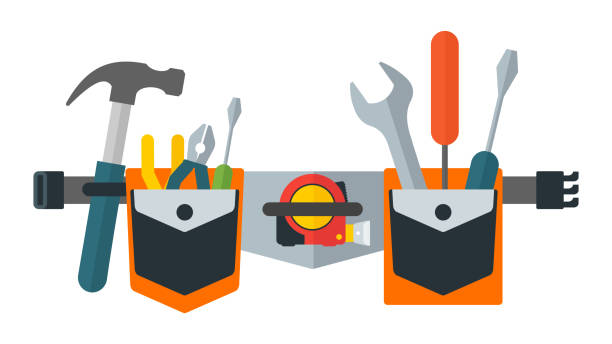Belt with tools. Tools for repair, construction and builder. Belt with tools. Tools for repair, construction and builder. Concept image of work wear. Cartoon flat vector illustration. Objects isolated on a background. building contractor illustrations stock illustrations