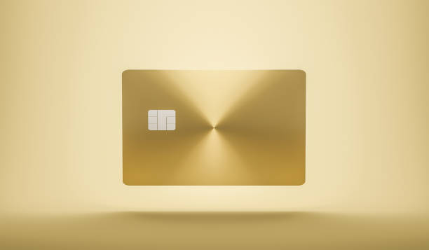 avant le crédit ou les cartes à puce avec puce emv sur fond doré et concept d’affaires de commerce électronique. modèle de cartes de visite. rendu 3d. - gold paying internet credit card photos et images de collection