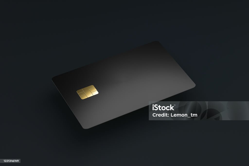 Blank credit or smart cards with emv chip on dark background and e-commerce business concept. Business cards template. 3D rendering. Credit Card Stock Photo