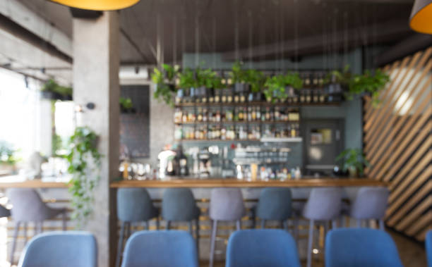 istock Different beverages on bar counter in modern cafe, online bar 1221346363