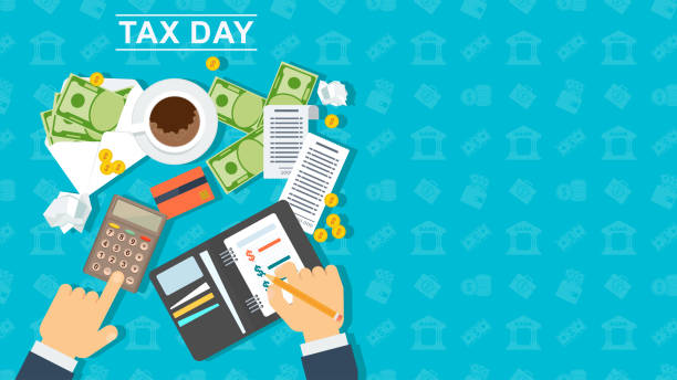 ilustraciones, imágenes clip art, dibujos animados e iconos de stock de bandera del día de impuestos. el hombre calcula el costo de una calculadora - calendar tax april day