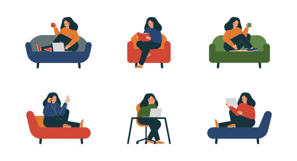 bildbanksillustrationer, clip art samt tecknat material och ikoner med glad tjej som sitter och vilar, lyssnar på musik, läser en bok och använder en bärbar dator i soffan i olika positioner. - stol illustrationer