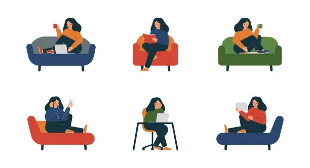 Vector illustration of Happy girl sitting and resting, listening to music, reading a book, and using a laptop on the sofa in various positions.