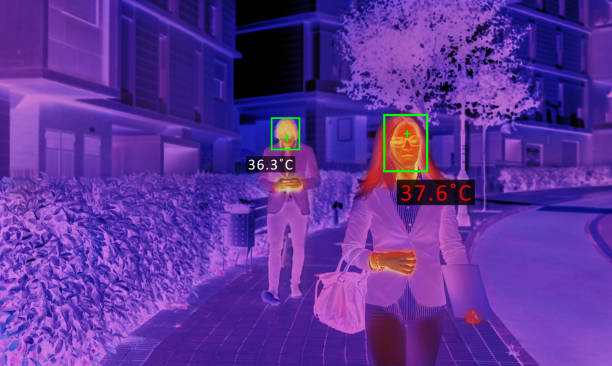 熱屏掃描器檢查人的溫度 - 熱度 溫度 圖片 個照片及圖片檔