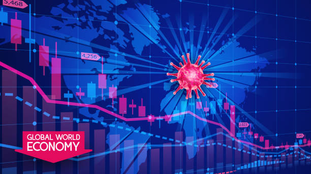 istock Coronavirus pandemic and the global economic crisis. Covid-19. Blue background with a map of the planet Earth. The fall of stock market indices. Forex charts with candles. Vector illustration. 1221347908