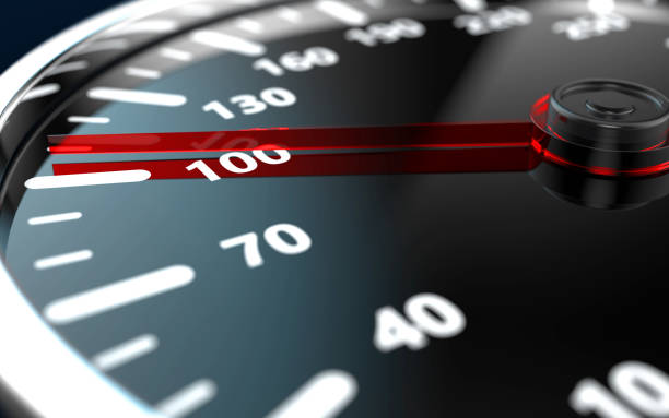 istock Close up of a car speedometer with red needle 1221348483