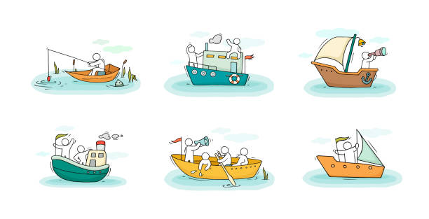 Sketch set with people and boats. Sketch set with people and boats. Doodle cute miniature scenes about transportation. Hand drawn cartoon vector illustration for vacation design. anchor free pic stock illustrations