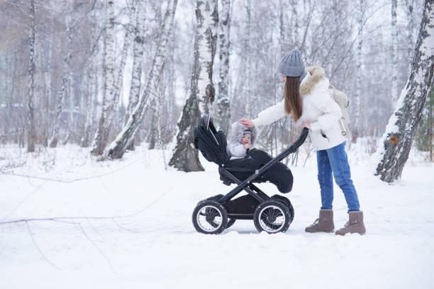 istock Young mother with a child in stroller in winter park 1221351865