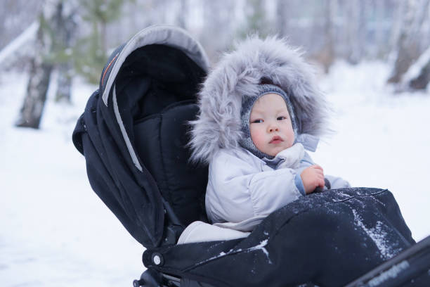 istock Cute baby boy sitting in stroller in park in winter 1221351889