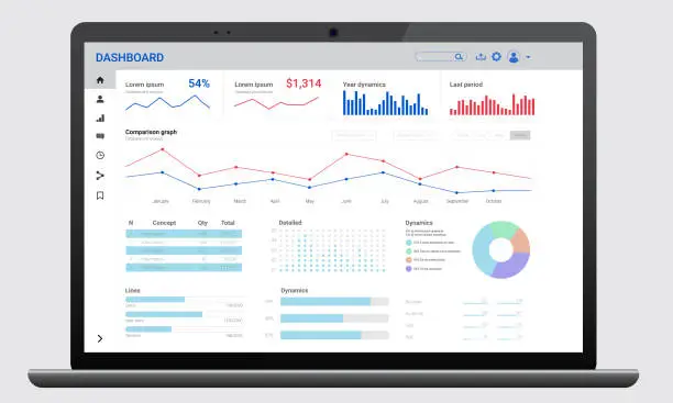 Vector illustration of Realistic dark laptop mock up with analytics dashboards. Charts and graph. Business, financial and digital marketing account administrative panel.