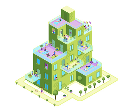 Apartment building in the city with people on balconies stay home and safe, residential house with characters communicating online neighbours, family cooking, girl reading, 3d isometric illustration
